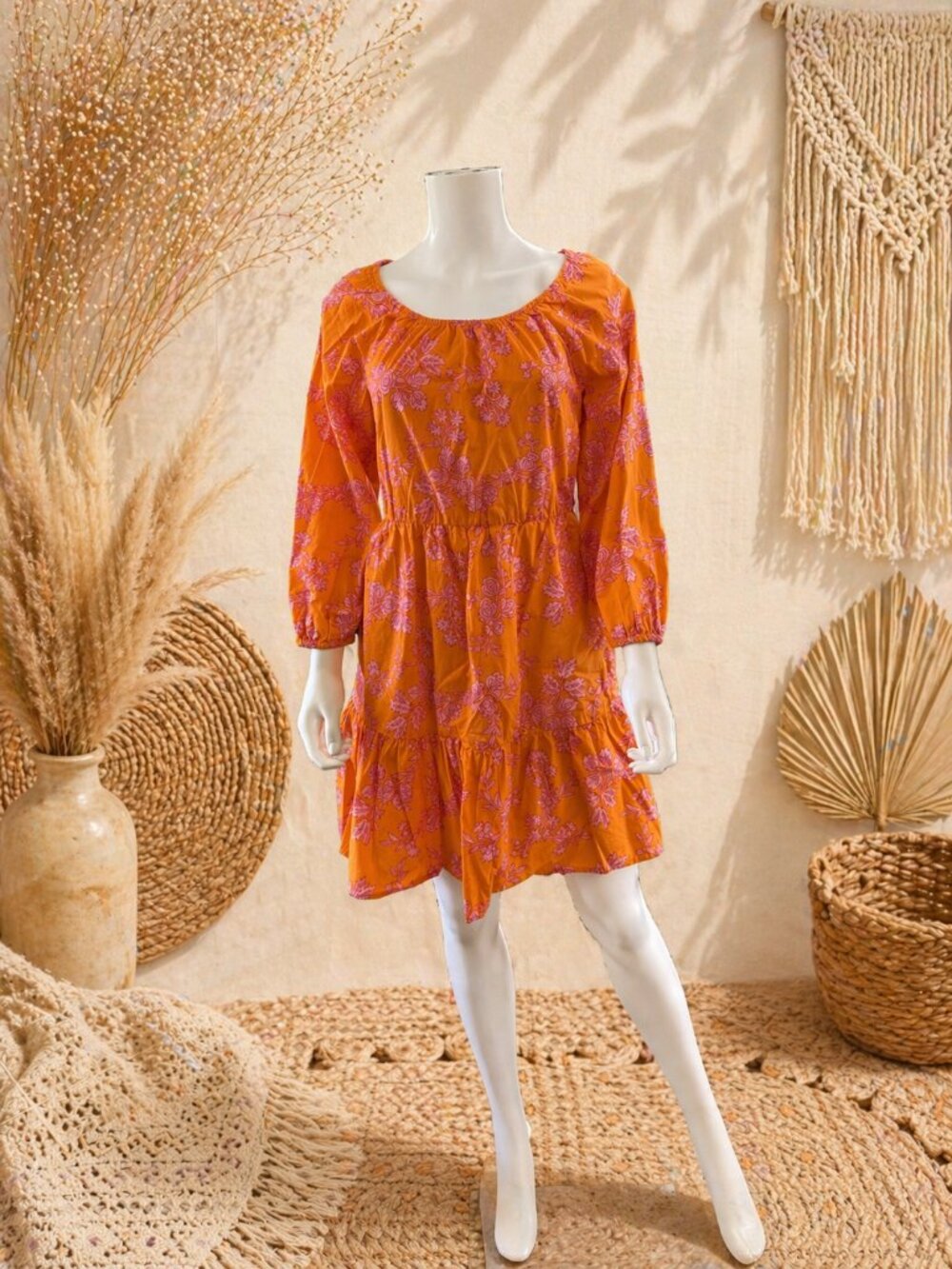 J.Crew Factory Orange Floral Mini Dress Size 6 Boho Flowy 3/4 Sleeve